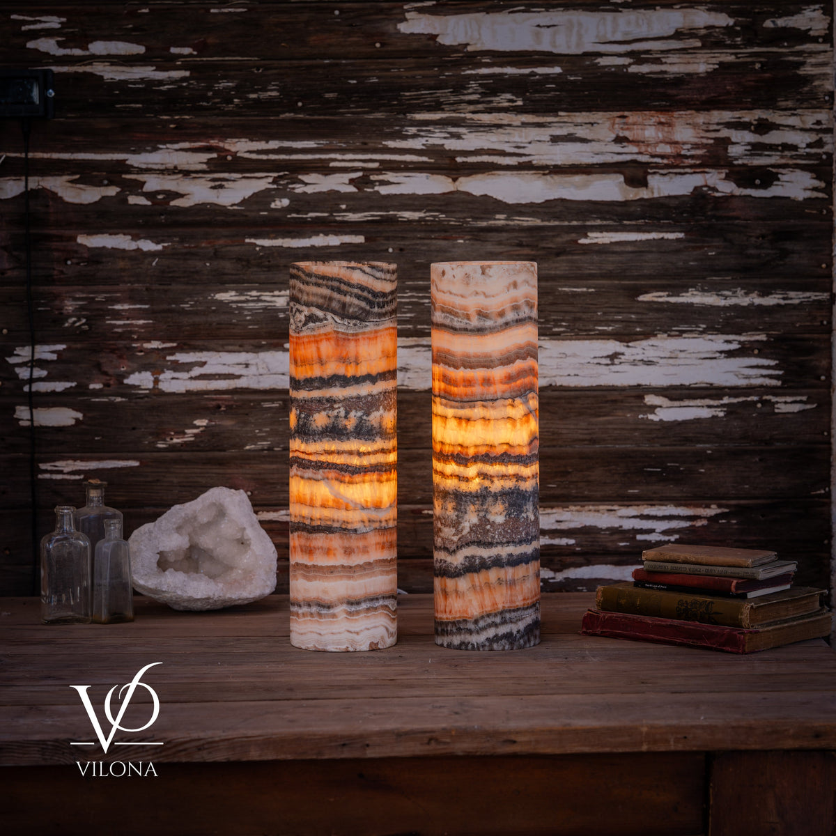 Tangerine Onyx Cylinder Table Lamp Pair #1 — 19.75″