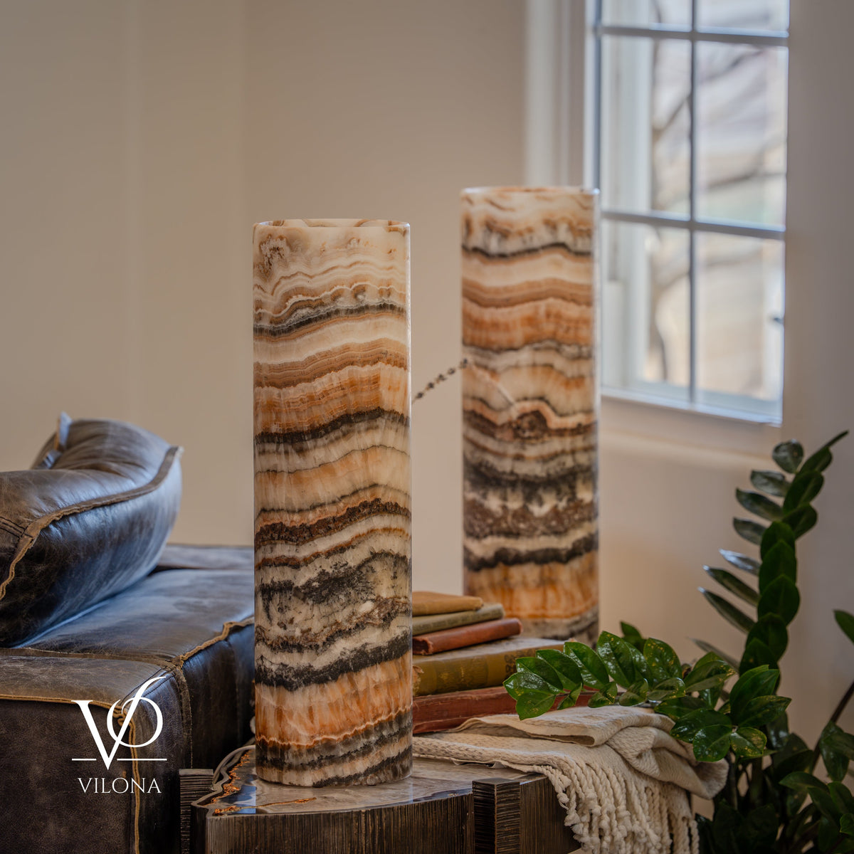Tangerine Onyx Cylinder Table Lamp Pair #3 — 19.75″