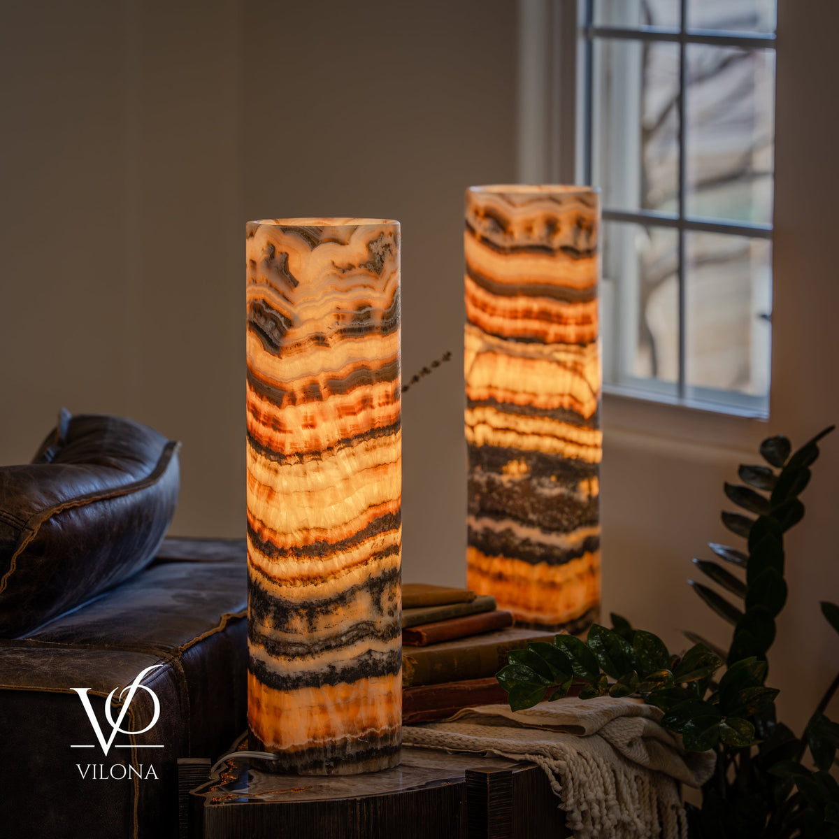 Tangerine Onyx Cylinder Table Lamp Pair #3 — 19.75″
