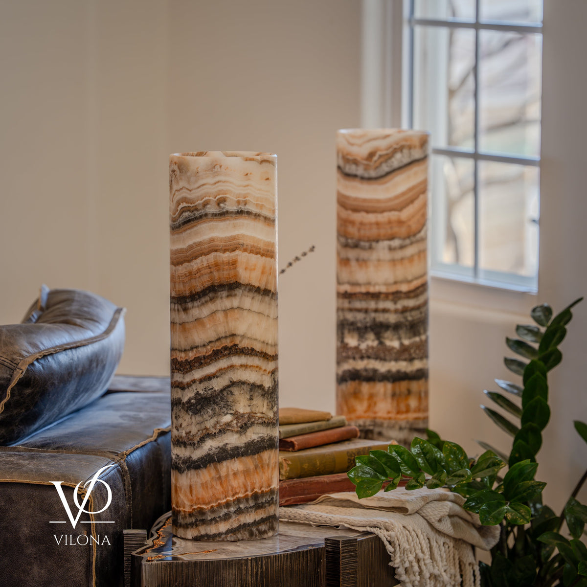 Tangerine Onyx Cylinder Table Lamp Pair #3 — 19.75″