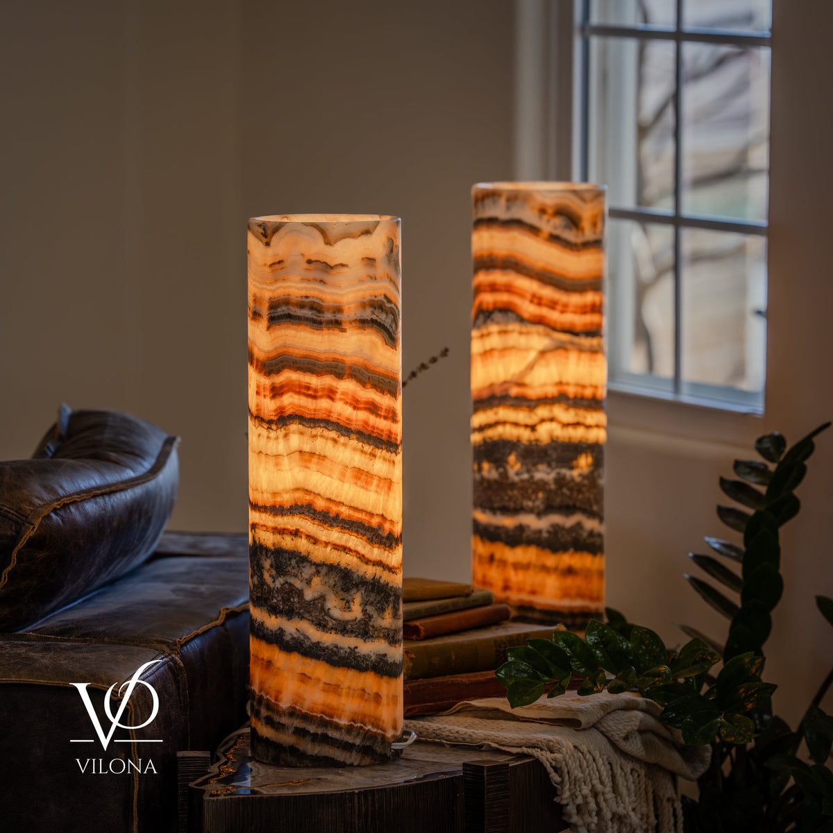 Tangerine Onyx Cylinder Table Lamp Pair #3 — 19.75″