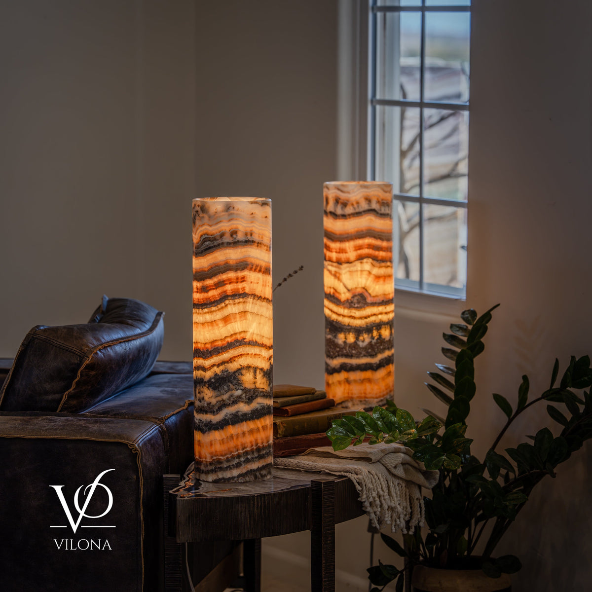 Tangerine Onyx Cylinder Table Lamp Pair #3 — 19.75″