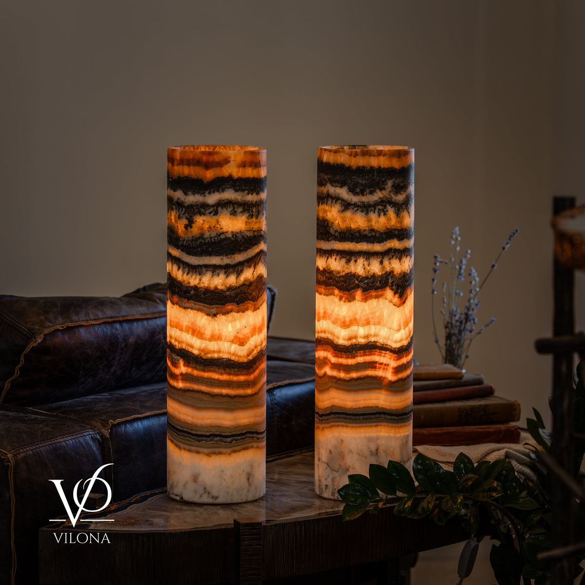 Tangerine Onyx Cylinder Table Lamp Pair #4 — 19.75″