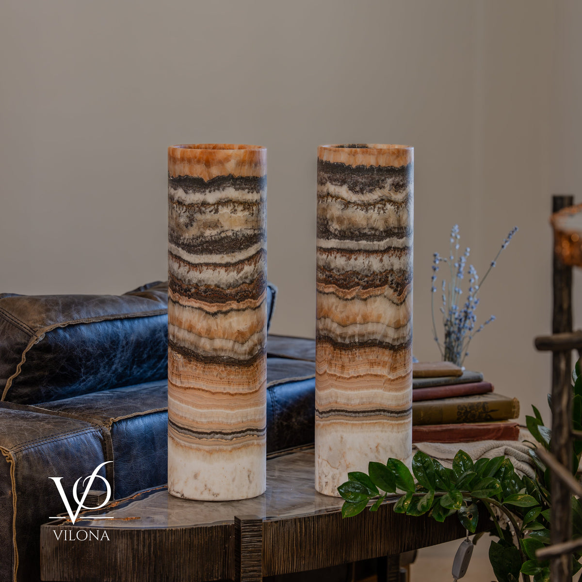 Tangerine Onyx Cylinder Table Lamp Pair #4 — 19.75″