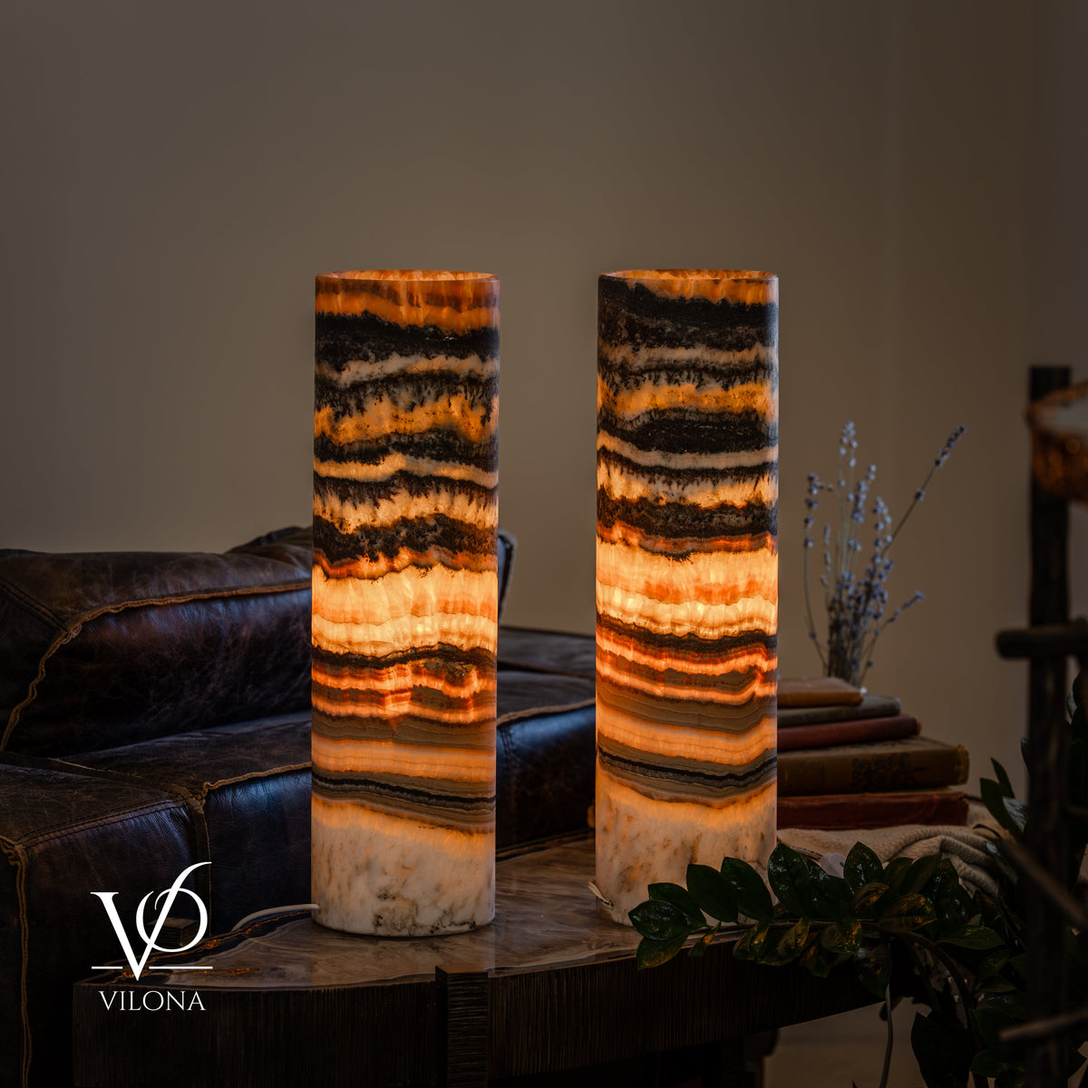 Tangerine Onyx Cylinder Table Lamp Pair #4 — 19.75″