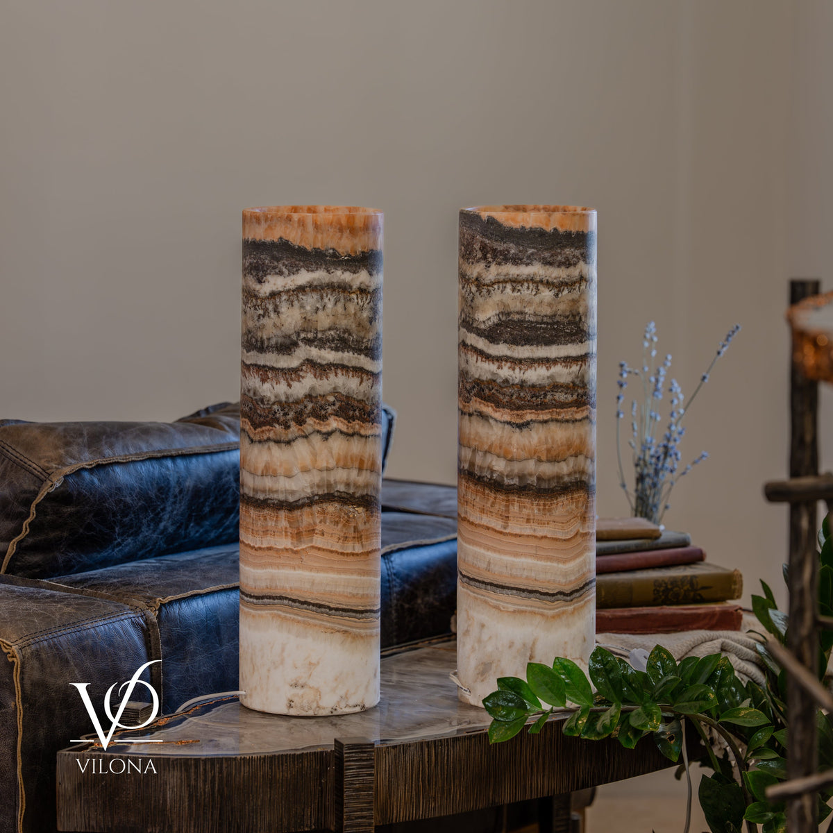 Tangerine Onyx Cylinder Table Lamp Pair #4 — 19.75″