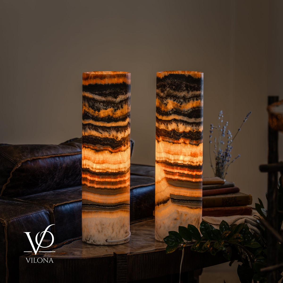 Tangerine Onyx Cylinder Table Lamp Pair #4 — 19.75″
