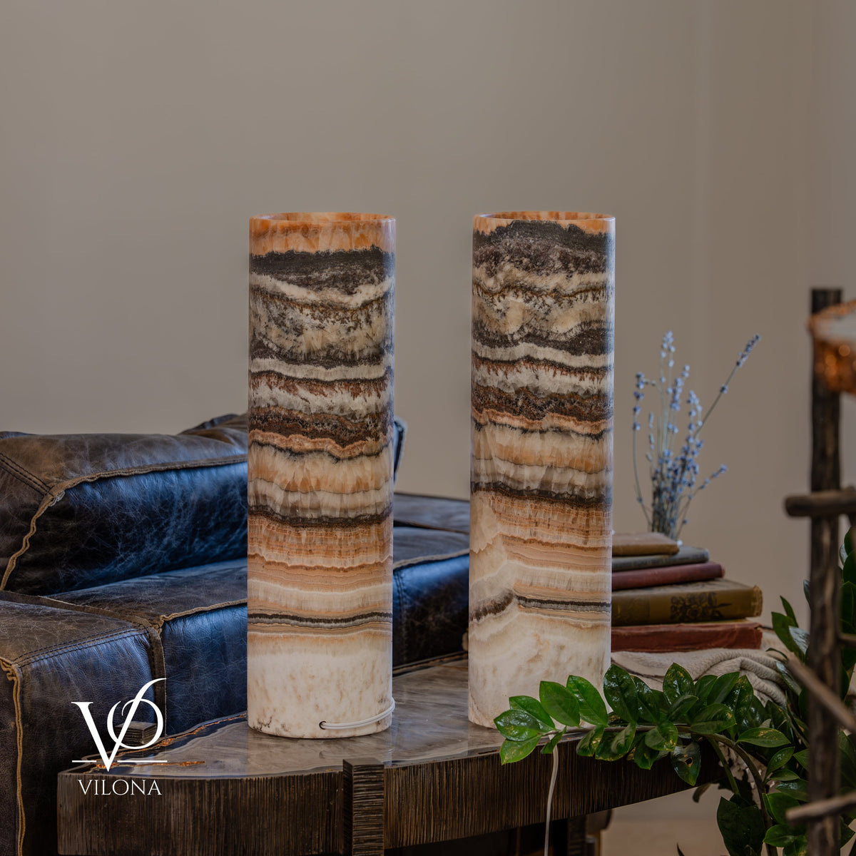 Tangerine Onyx Cylinder Table Lamp Pair #4 — 19.75″