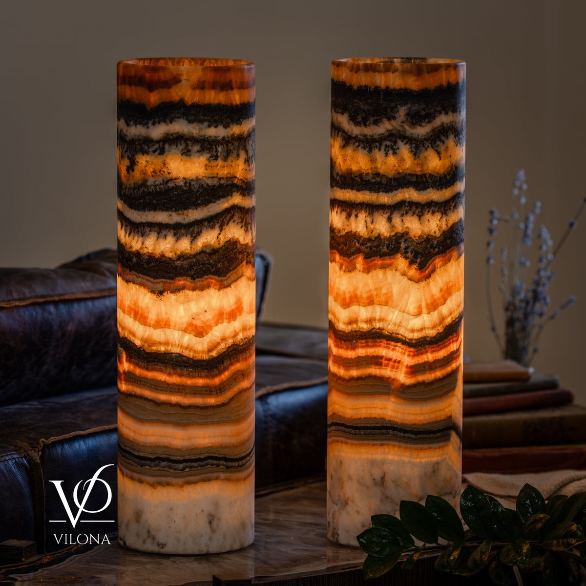 Tangerine Onyx Cylinder Table Lamp Pair #4 — 19.75″