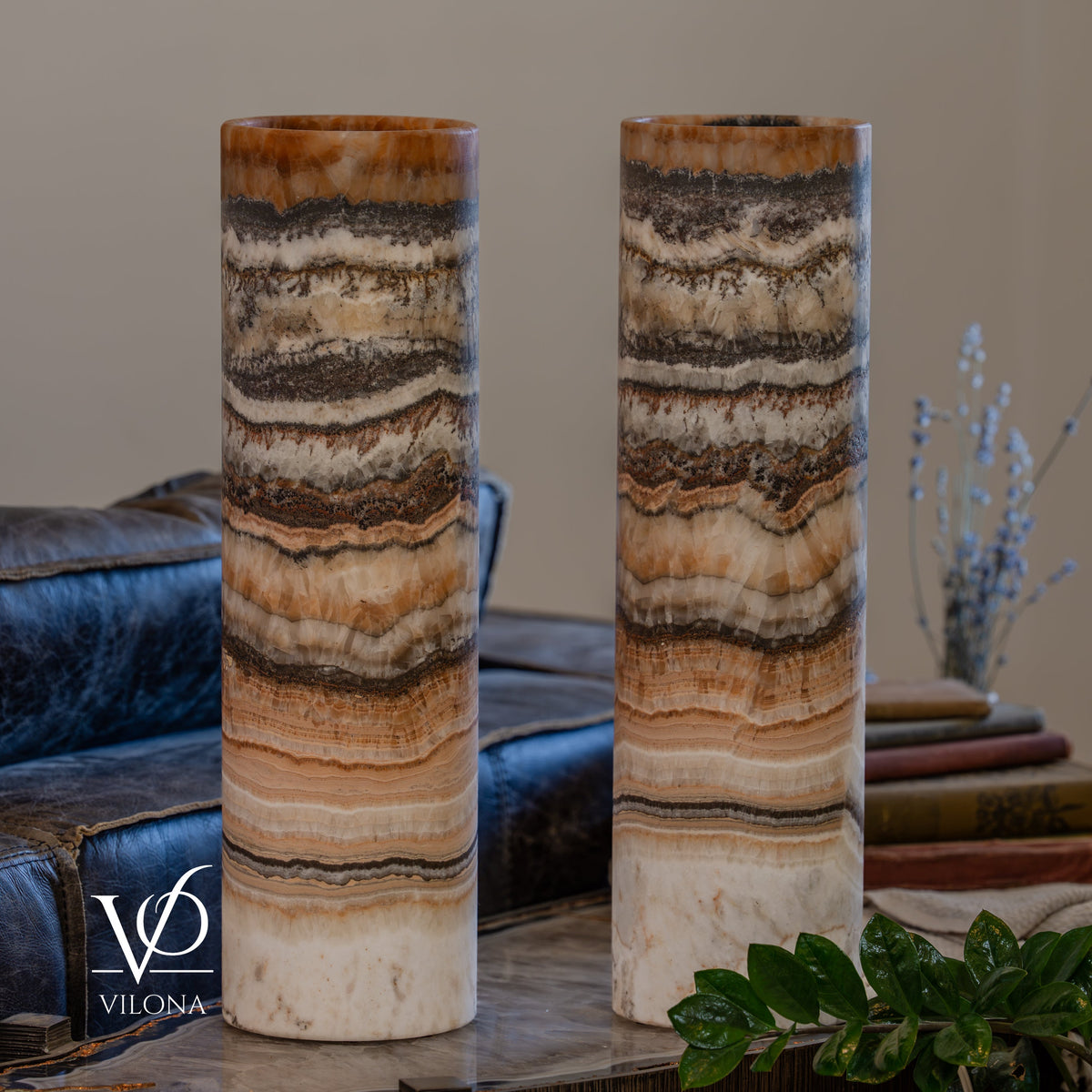 Tangerine Onyx Cylinder Table Lamp Pair #4 — 19.75″