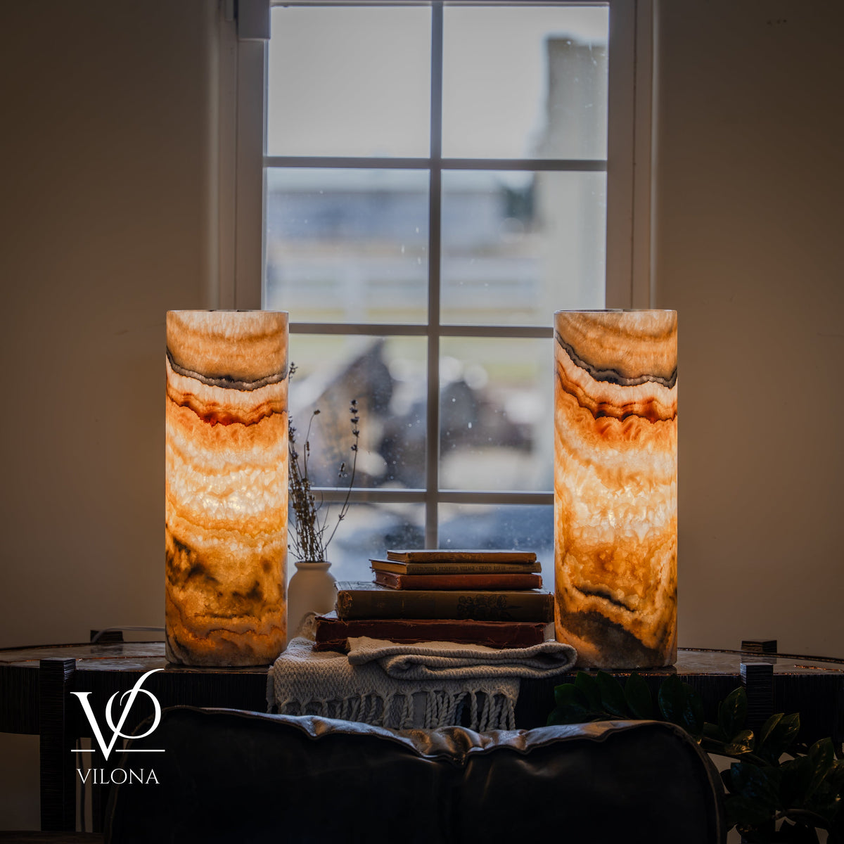 Aqua Onyx Cylinder Table Lamp Pair — 16″