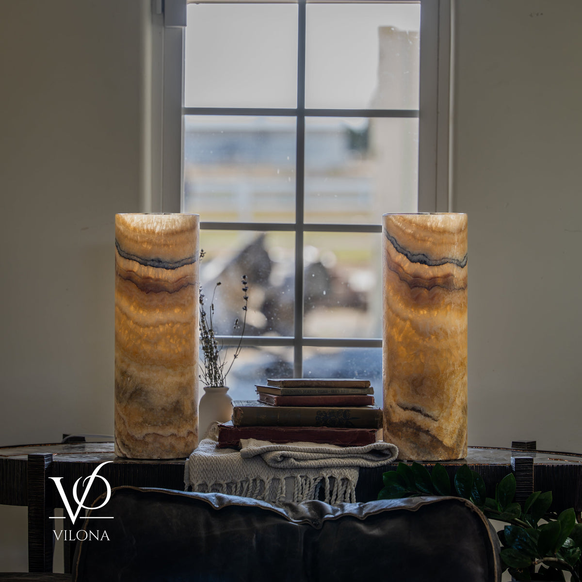 Aqua Onyx Cylinder Table Lamp Pair — 16″