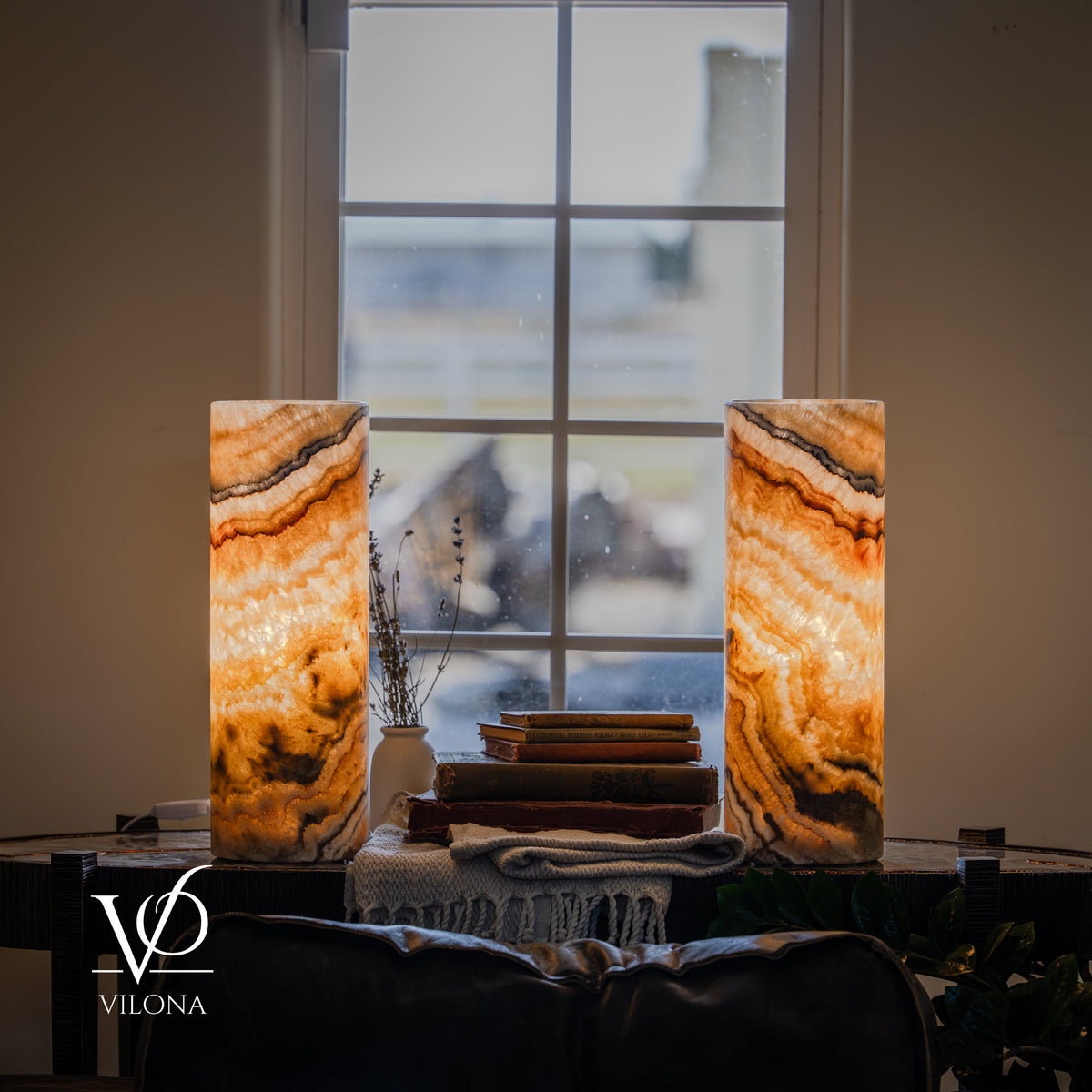 Aqua Onyx Cylinder Table Lamp Pair — 16″