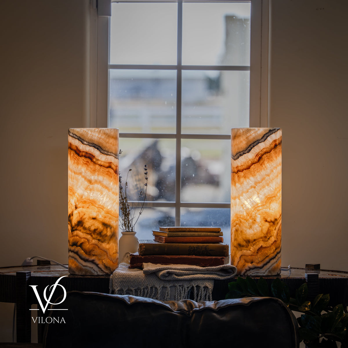 Aqua Onyx Cylinder Table Lamp Pair — 16″