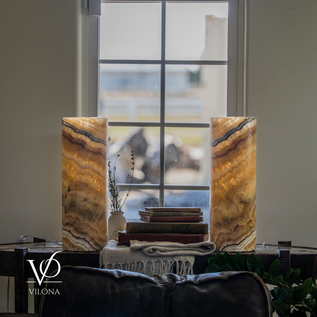Aqua Onyx Cylinder Table Lamp Pair — 16″