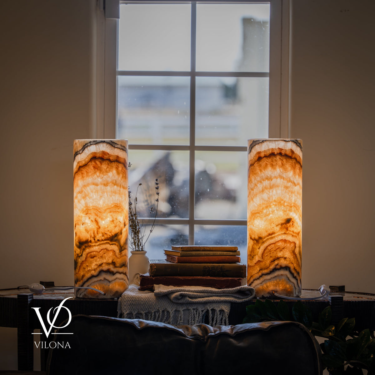Aqua Onyx Cylinder Table Lamp Pair — 16″