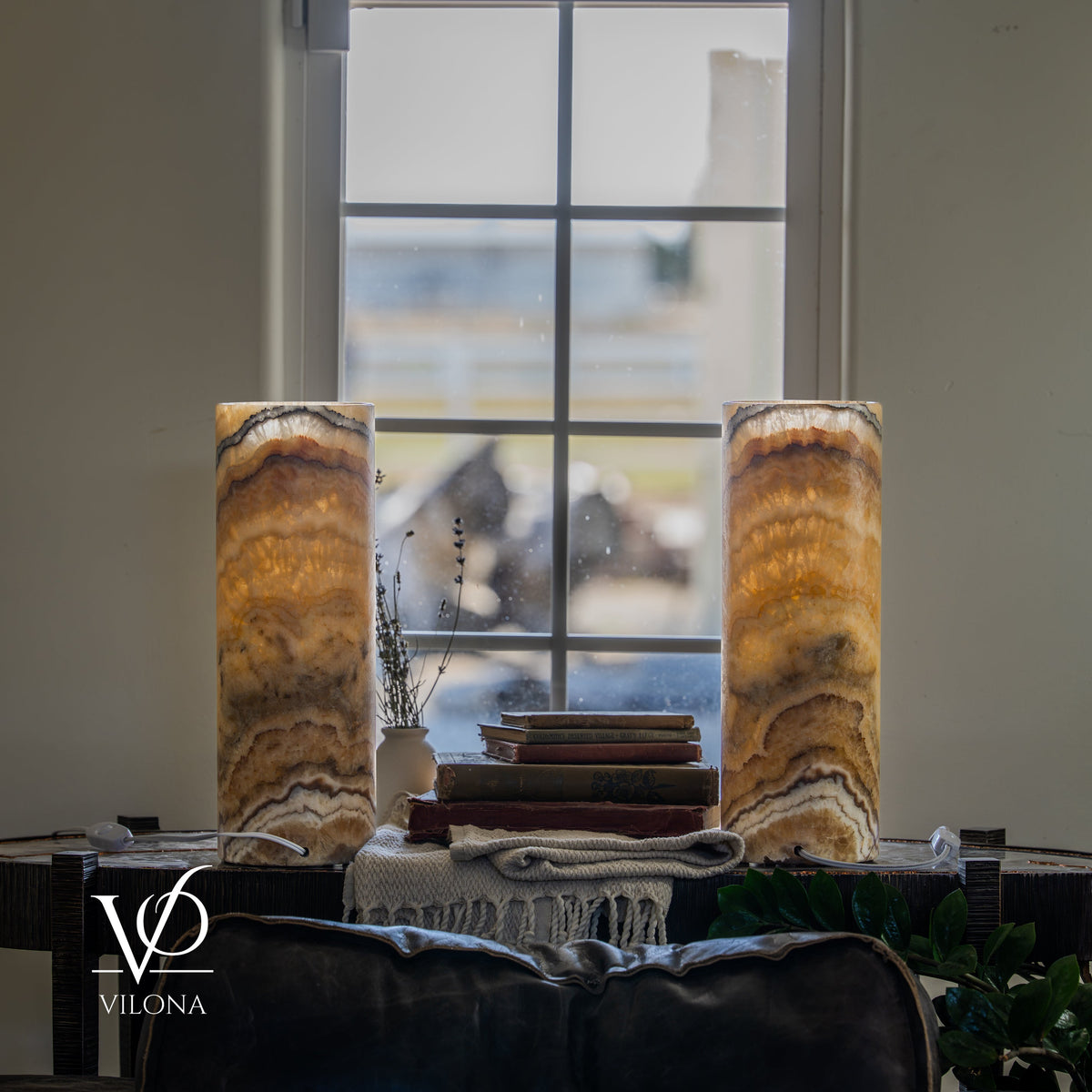 Aqua Onyx Cylinder Table Lamp Pair — 16″