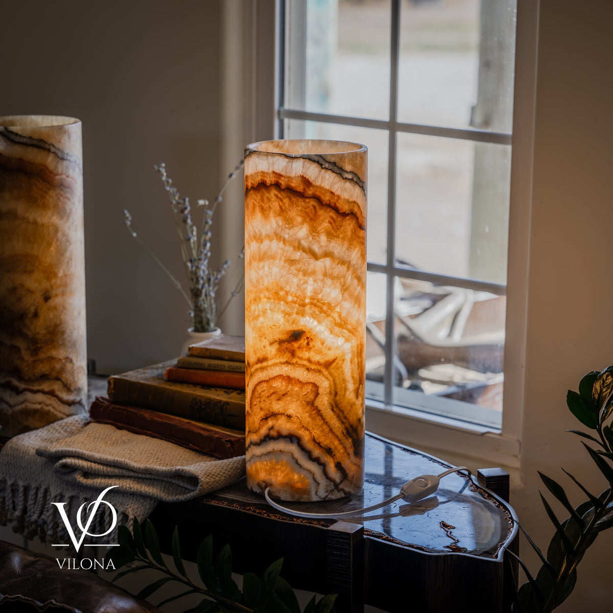Aqua Onyx Cylinder Table Lamp Pair — 16″