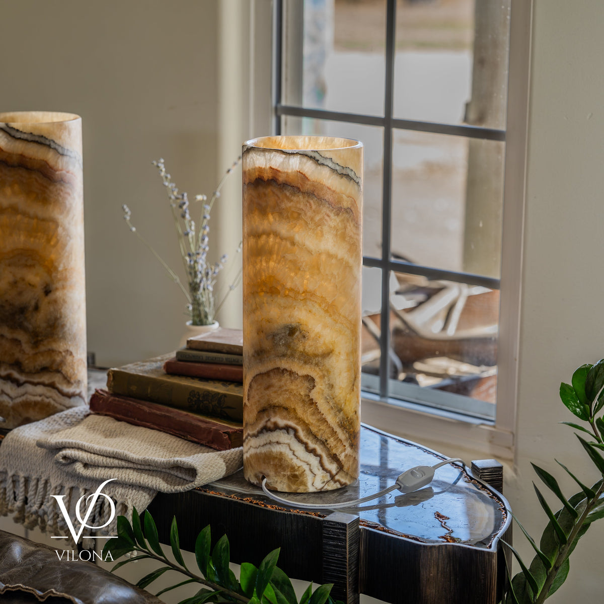 Aqua Onyx Cylinder Table Lamp Pair — 16″