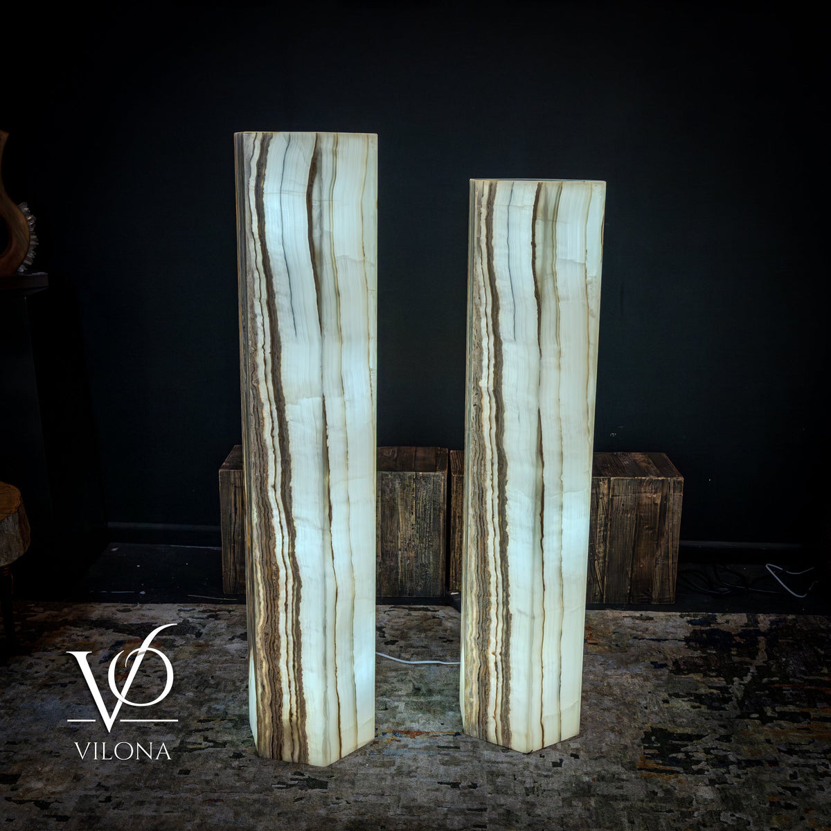 White Ice Onyx Floor Lamp - Pair - Large - 59 & 55"H x 13.5"W - Hexagon