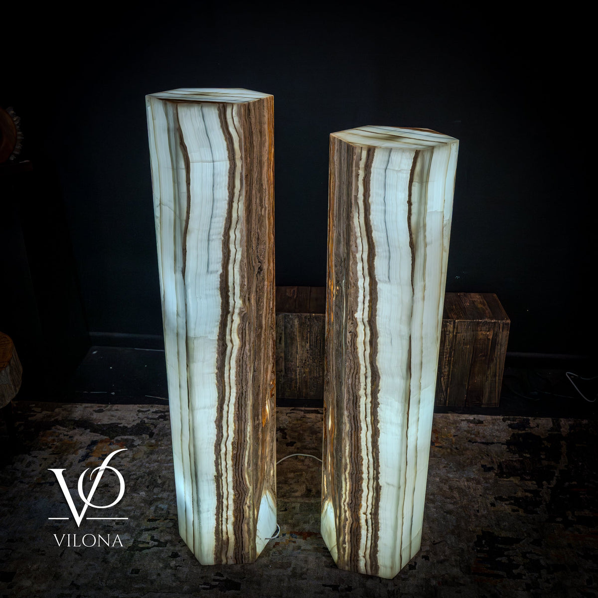 White Ice Onyx Floor Lamp - Pair - Large - 59 & 55"H x 13.5"W - Hexagon