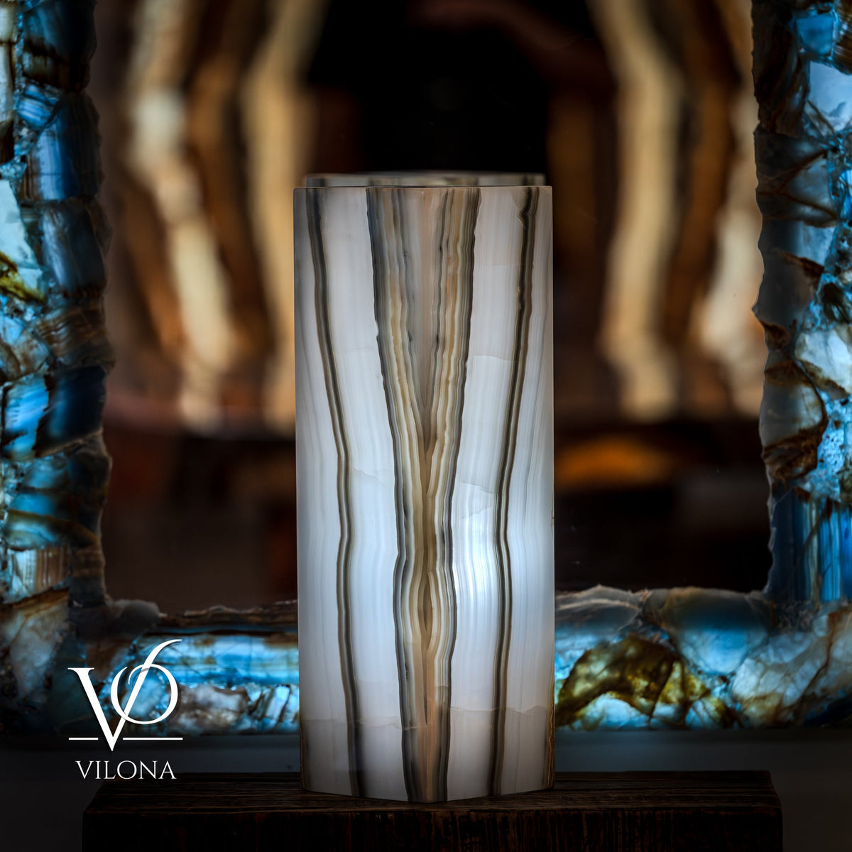 Polished White Ice Onyx Lamp - 20" Tall × 6" × 6" Square (Exotic Table Lamp #6)