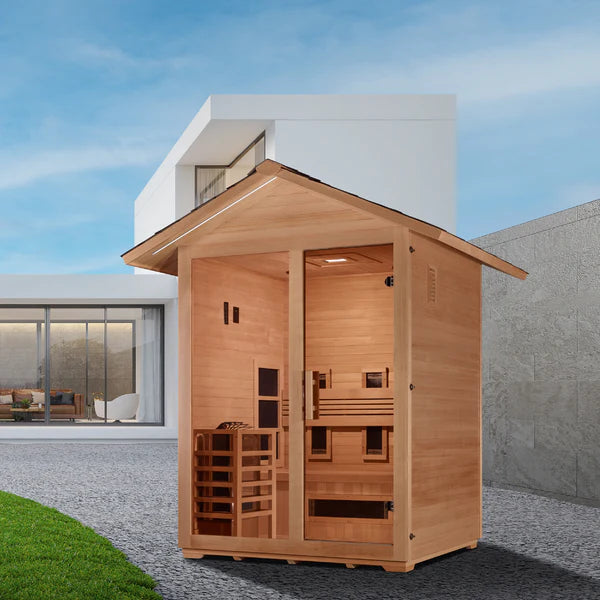 Golden Designs Carinthia  3 Person Hybrid (PureTech™ Full Spectrum IR or Traditional Stove) Outdoor Sauna – Canadian Hemlock  GDI-8123-01