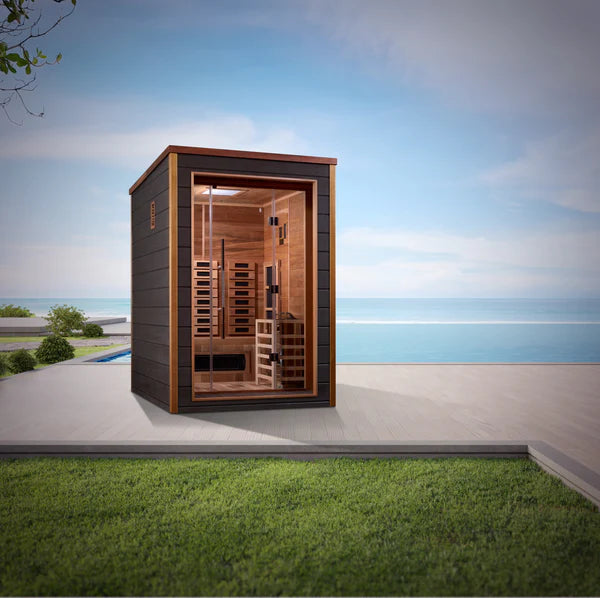 Golden Designs Nora 2 Person Outdoor-Indoor PureTech™ Hybrid Full Spectrum Sauna – Canadian Red Cedar Interior GDI-8222-01