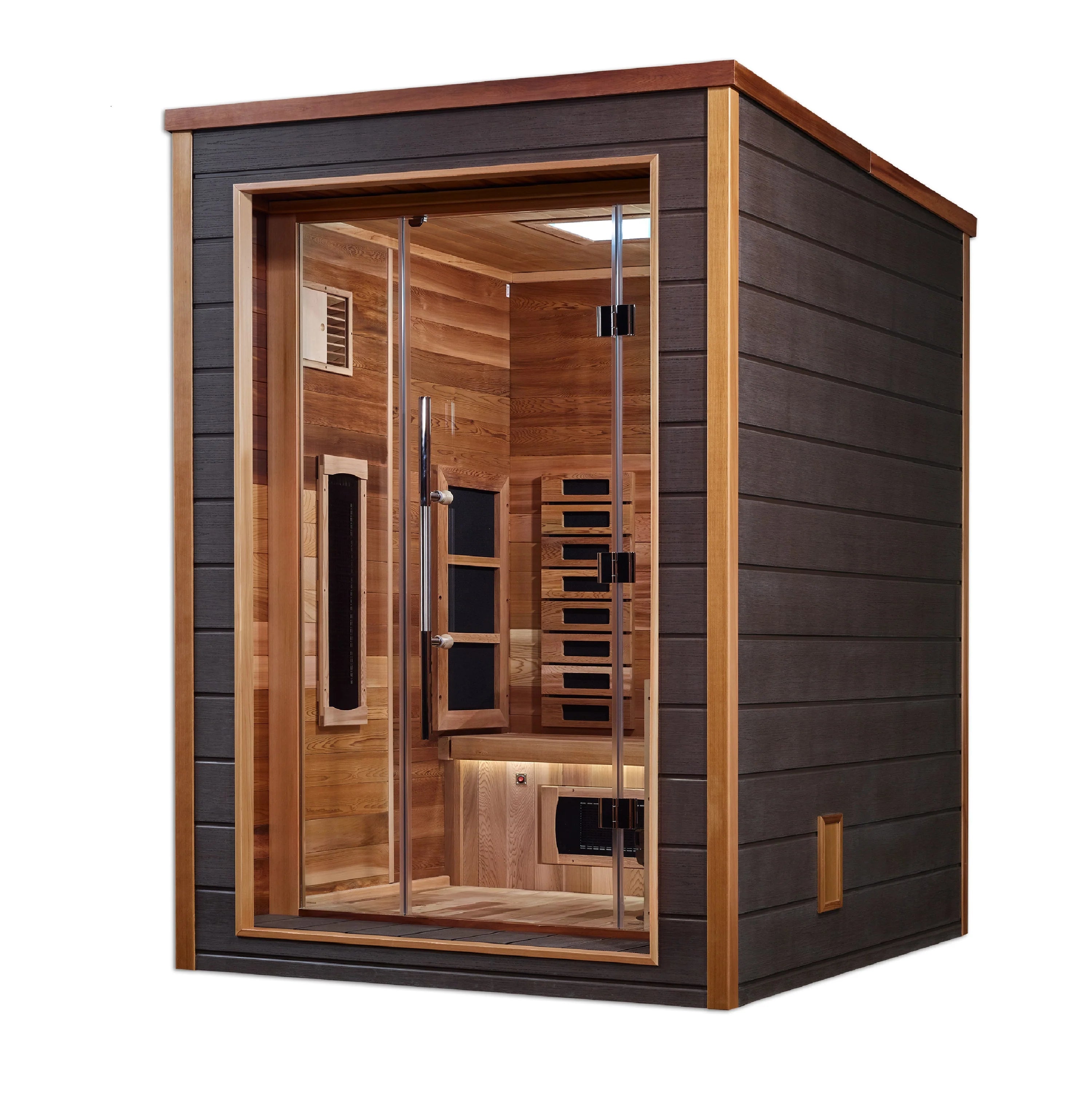 Golden Designs Nora 2 Person Outdoor-Indoor PureTech™ Hybrid Full Spectrum Sauna – Canadian Red Cedar Interior GDI-8222-01