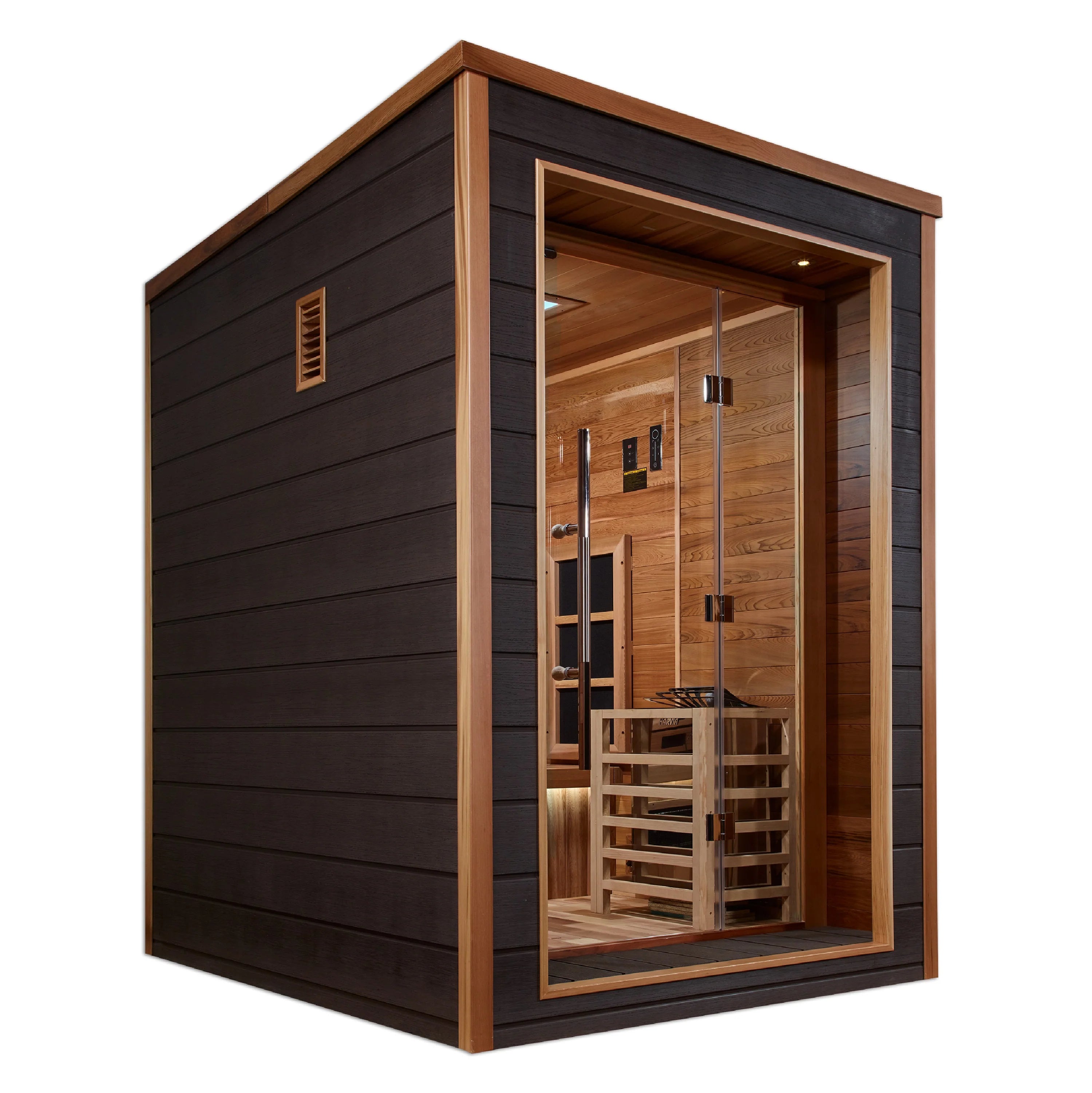 Golden Designs Nora 2 Person Outdoor-Indoor PureTech™ Hybrid Full Spectrum Sauna – Canadian Red Cedar Interior GDI-8222-01