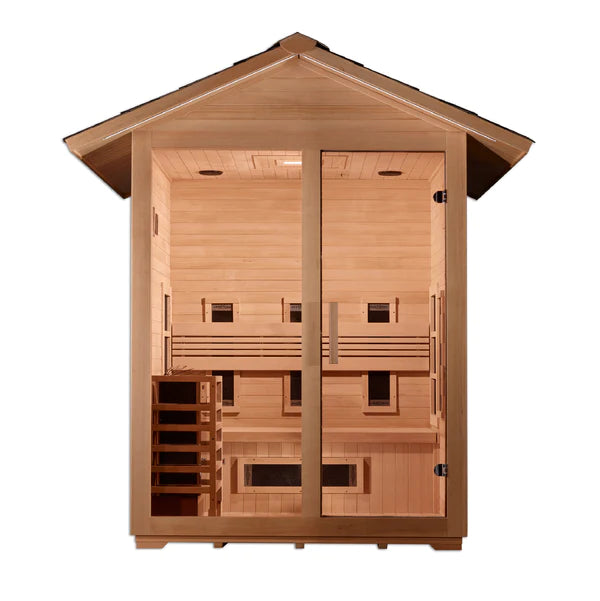 Golden Designs Carinthia  3 Person Hybrid (PureTech™ Full Spectrum IR or Traditional Stove) Outdoor Sauna – Canadian Hemlock  GDI-8123-01