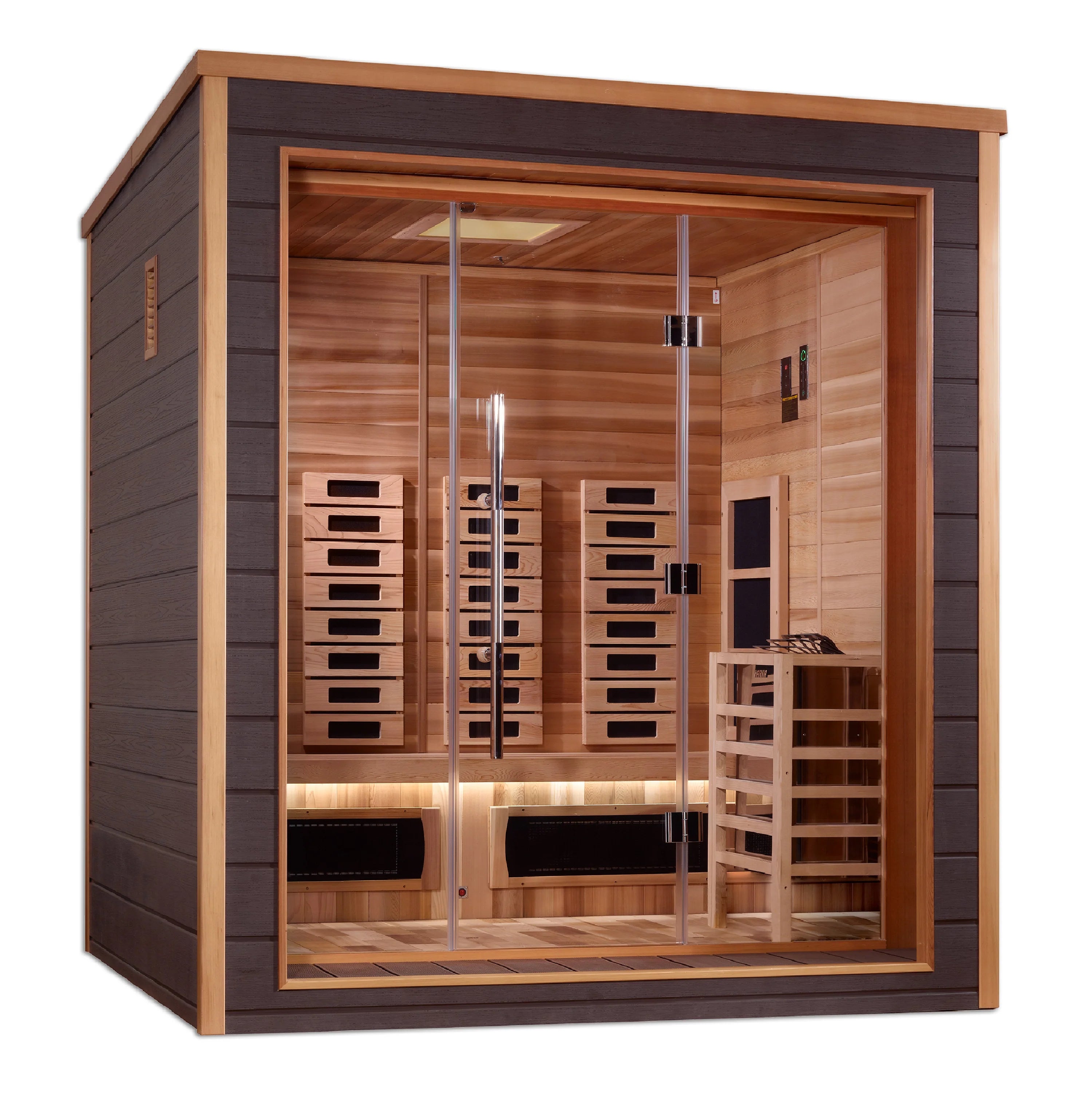 Golden Designs Visby 3 Person Outdoor-Indoor PureTech™ Hybrid Full Spectrum Sauna – Canadian Red Cedar Interior GDI-8223-01