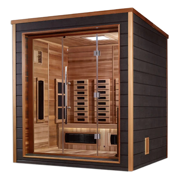 Golden Designs Visby 3 Person Outdoor-Indoor PureTech™ Hybrid Full Spectrum Sauna – Canadian Red Cedar Interior GDI-8223-01