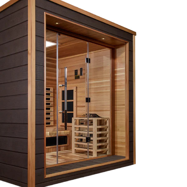 Golden Designs Visby 3 Person Outdoor-Indoor PureTech™ Hybrid Full Spectrum Sauna – Canadian Red Cedar Interior GDI-8223-01