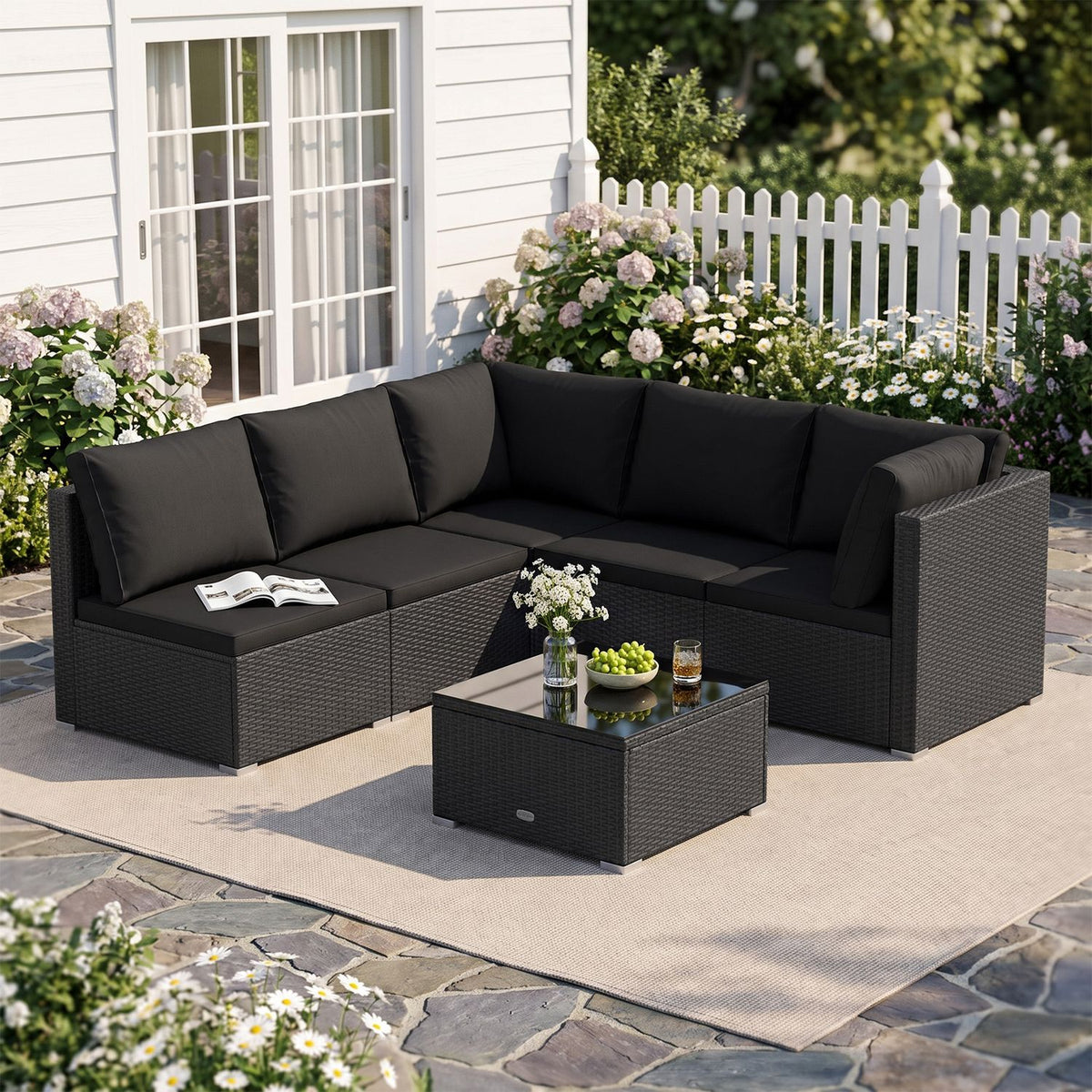 6 Pieces Patio Rattan Furniture Set with Cushions and Glass Coffee Table-Red