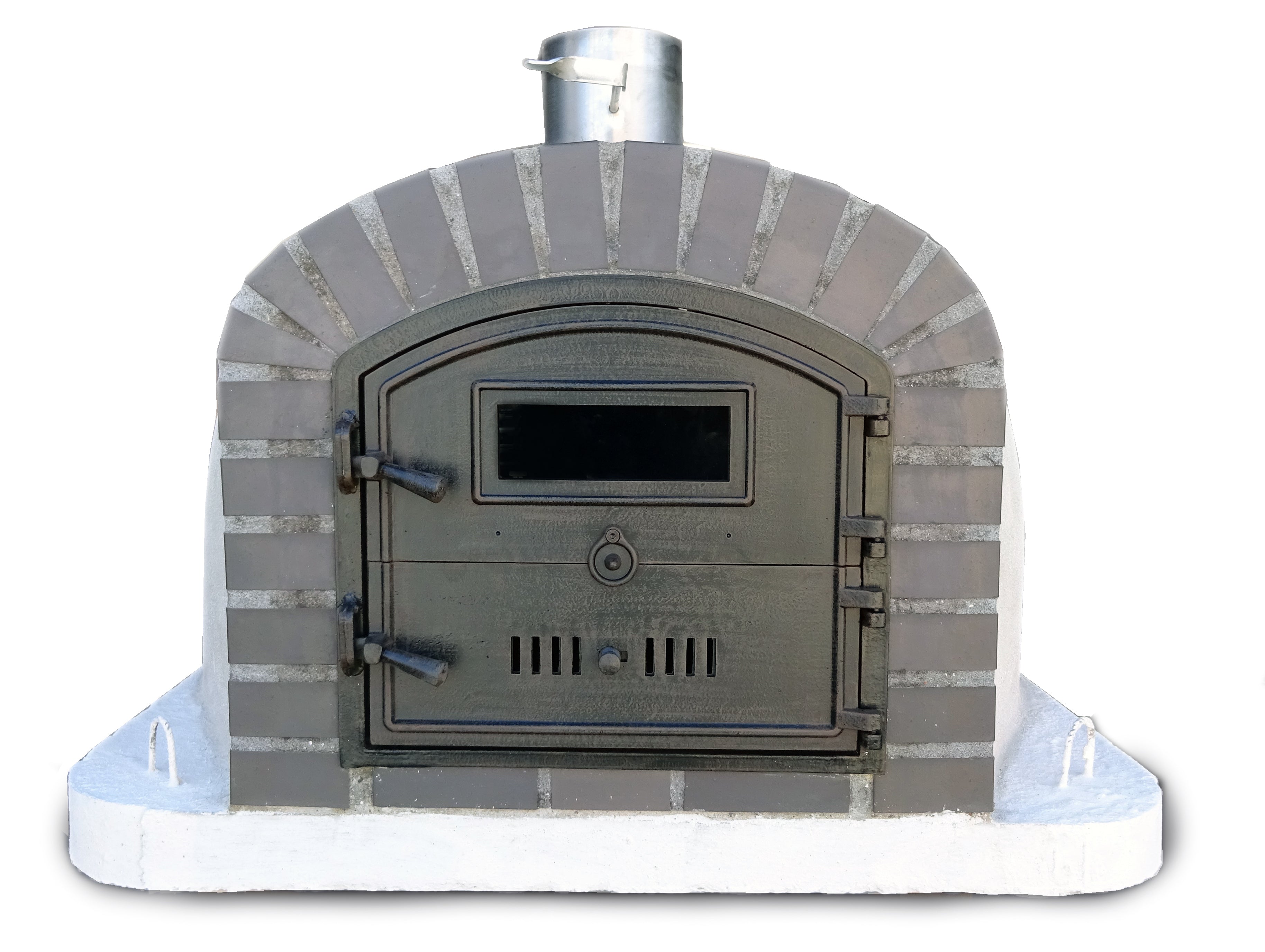 Brick oven with a metallic door on a white background