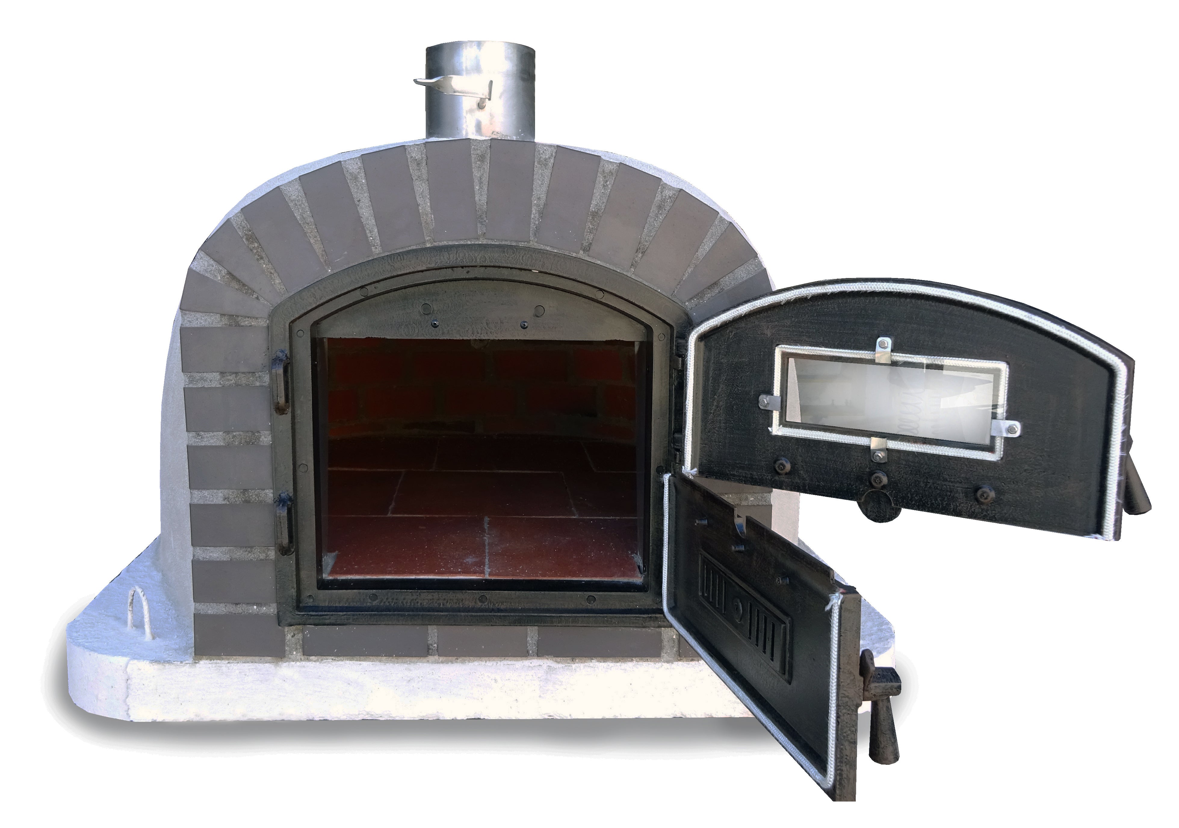 Wood-fired pizza oven with open door on a white background