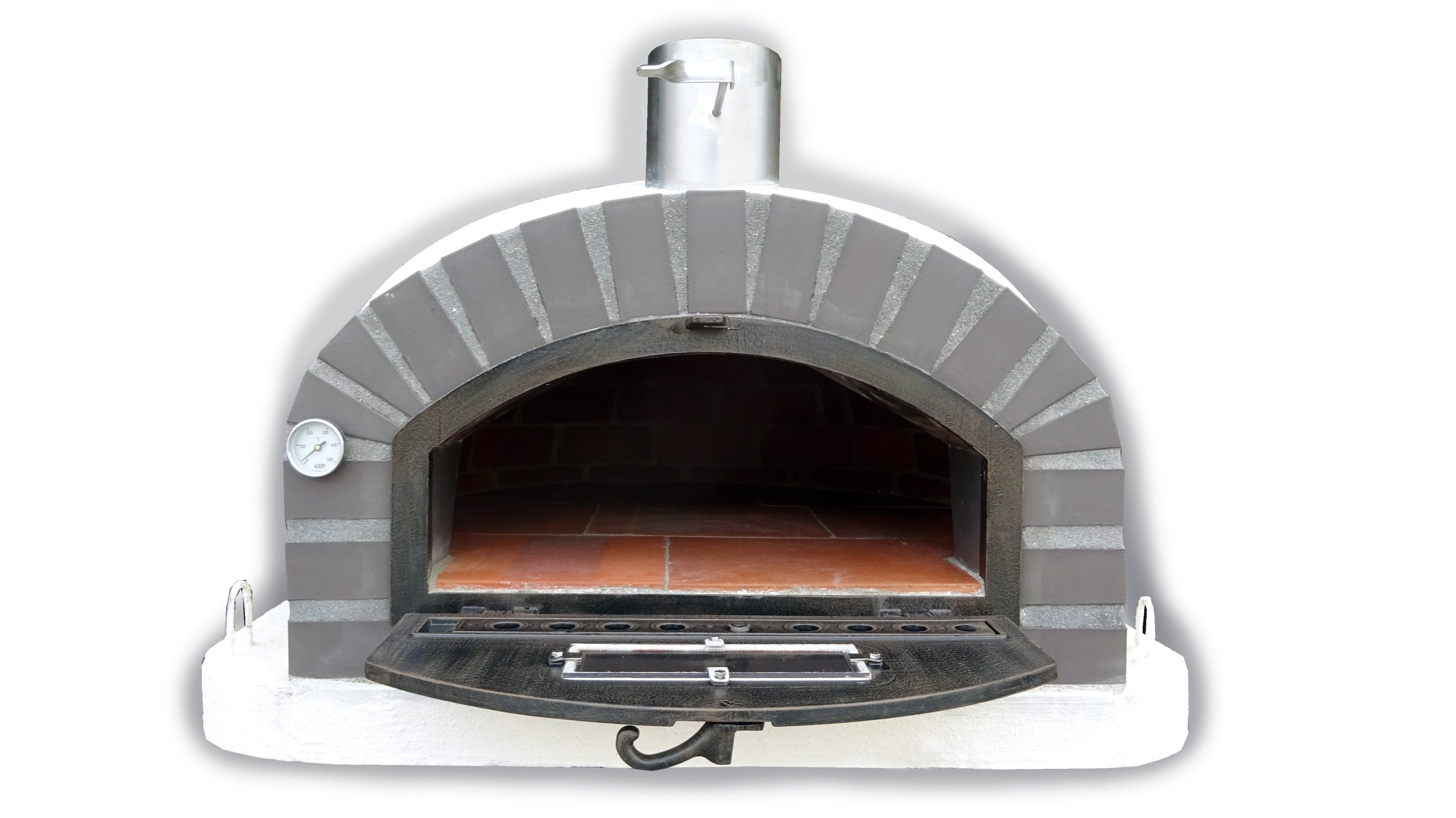 Wood-fired pizza oven with a white base and gray brick design on a white background