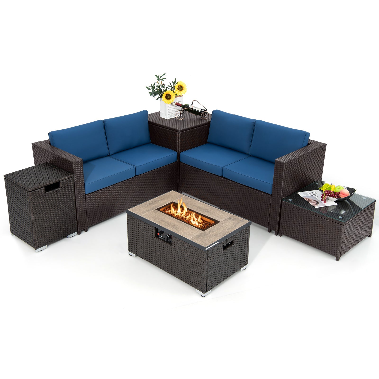 6 Pieces Outdoor Wicker Furniture Set with 32 Inch Propane Fire Pit Table-Navy