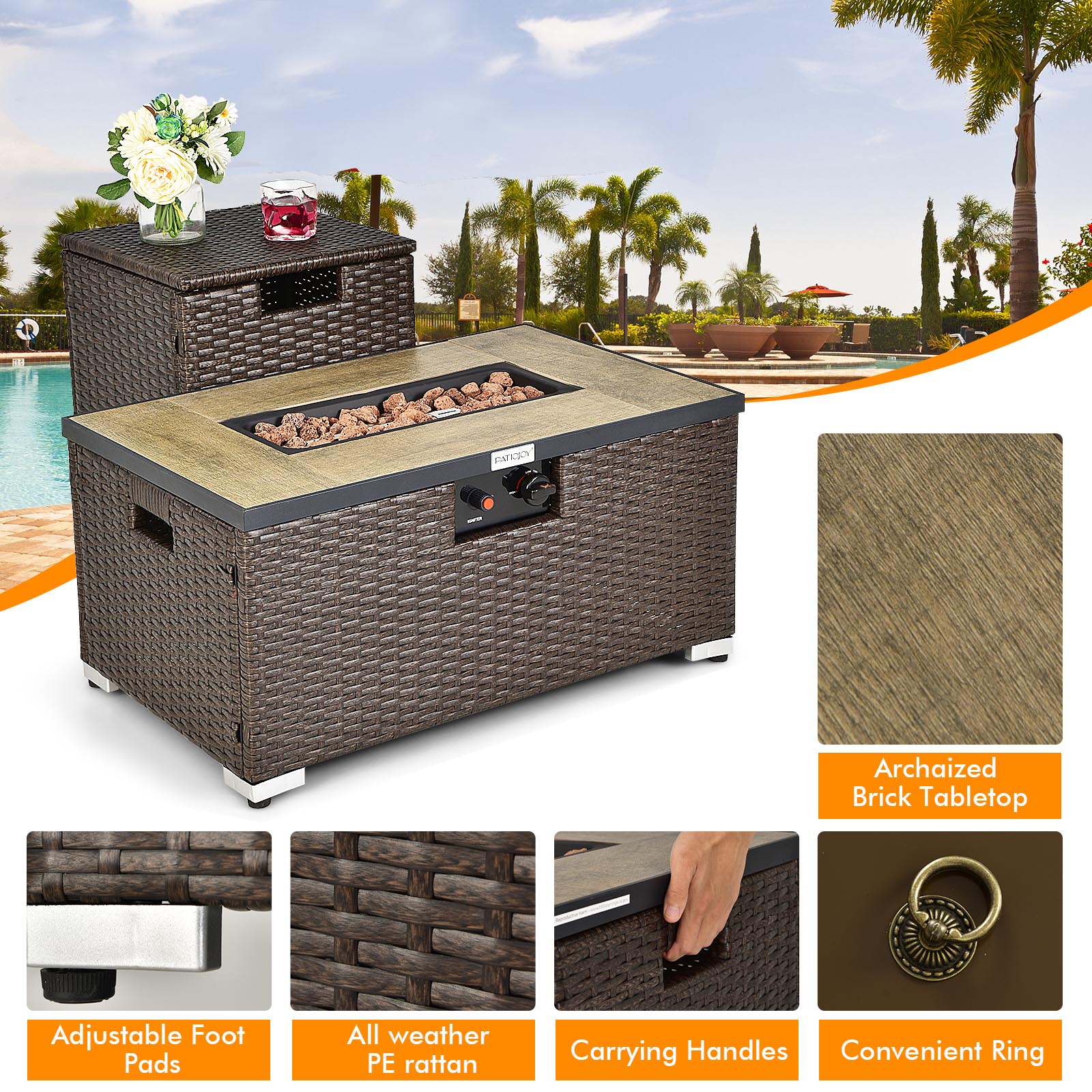 6 Pieces Outdoor Wicker Furniture Set with 32 Inch Propane Fire Pit Table-Navy
