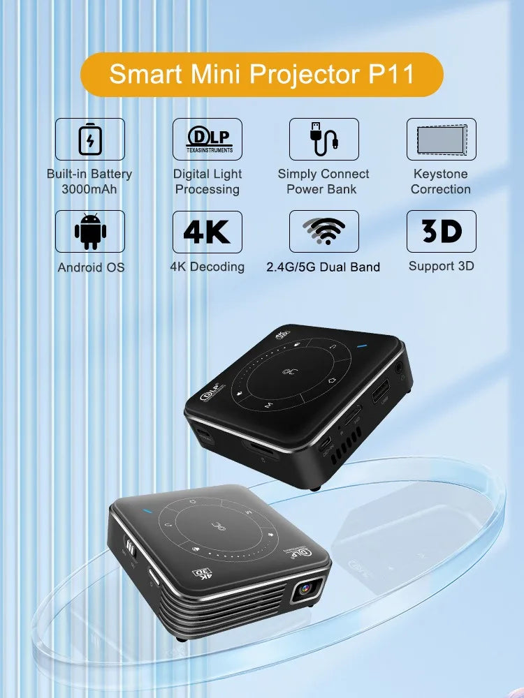 P11 Portable DLP Mini Projector Android 9.0 4K 2GB 4GB DDR4 16GB 32GB ROM Beamer 3000mA Home Cinema 2.4G 5G WiFi LED Projector