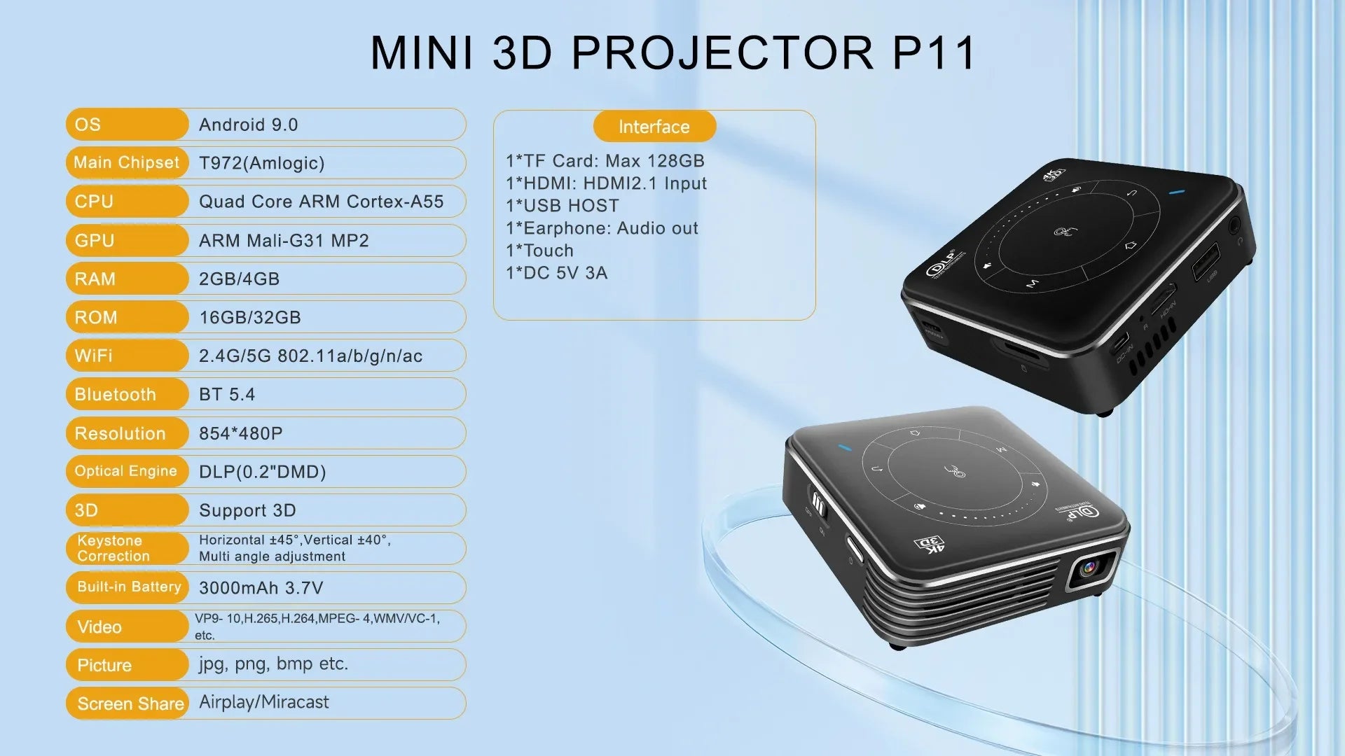 P11 Portable DLP Mini Projector Android 9.0 4K 2GB 4GB DDR4 16GB 32GB ROM Beamer 3000mA Home Cinema 2.4G 5G WiFi LED Projector