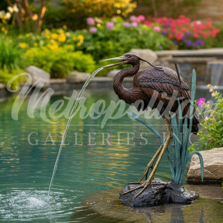 Heron Bird in Grass Fountain Bronze Statue