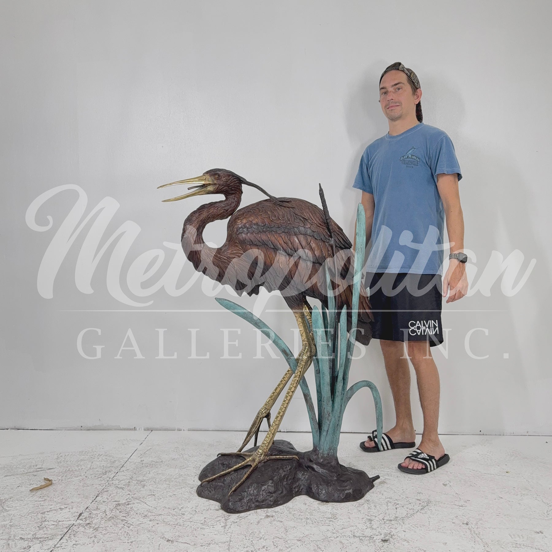 Heron Bird in Grass Fountain Bronze Statue
