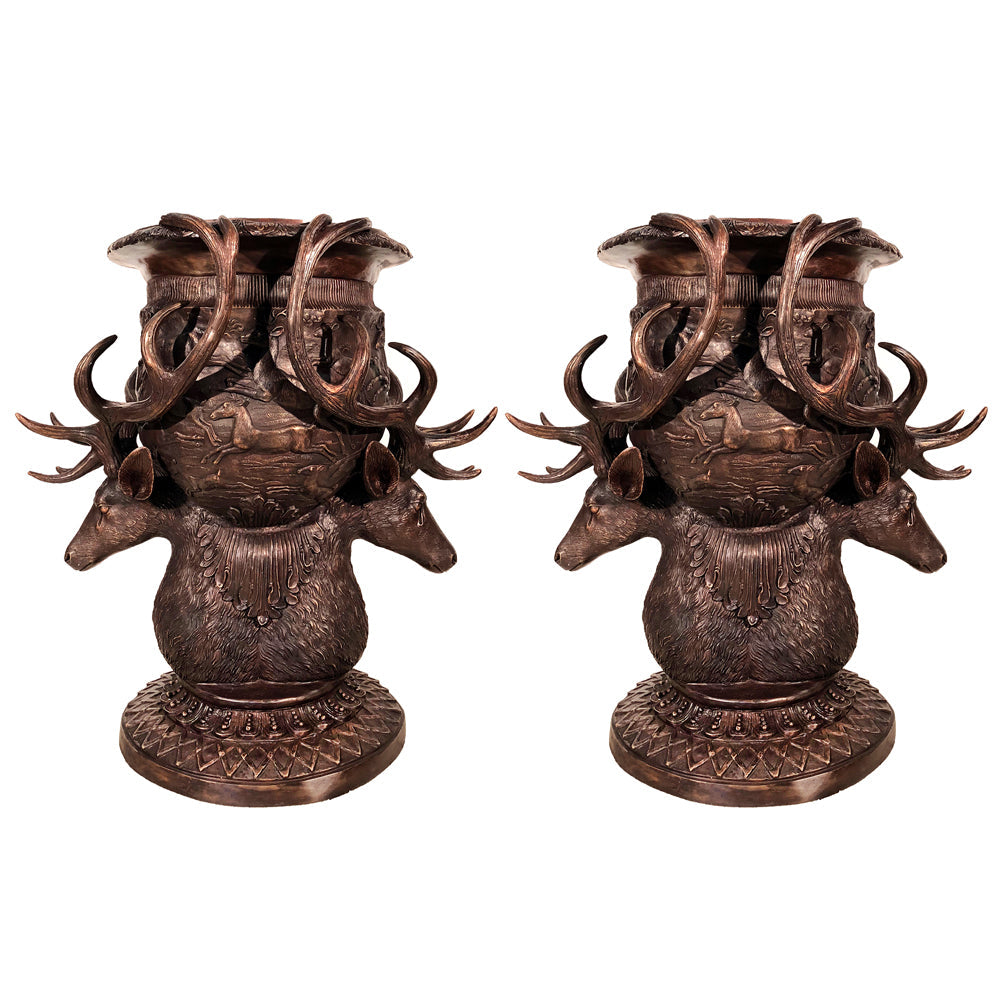 Large Deer Head Bronze Planter Urn Pair