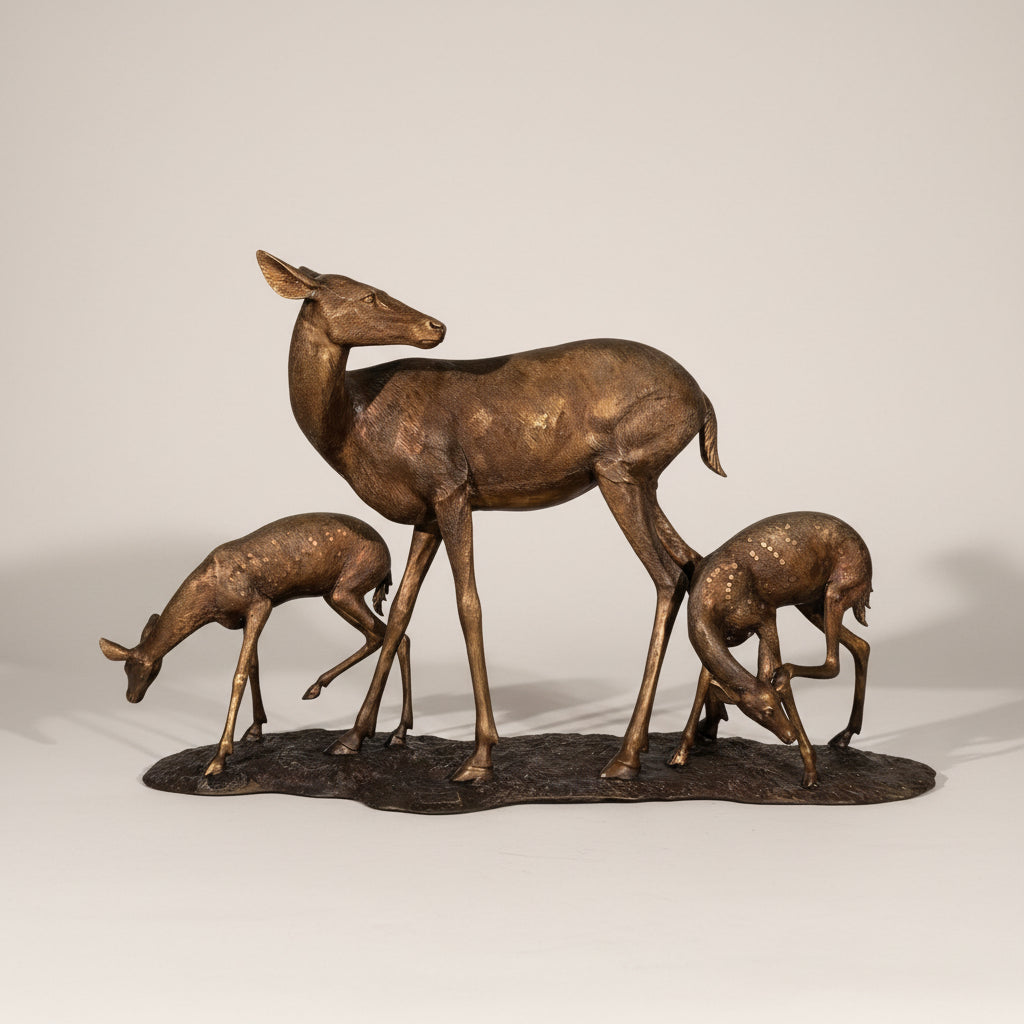 Doe & Two Fawns Bronze Sculpture
