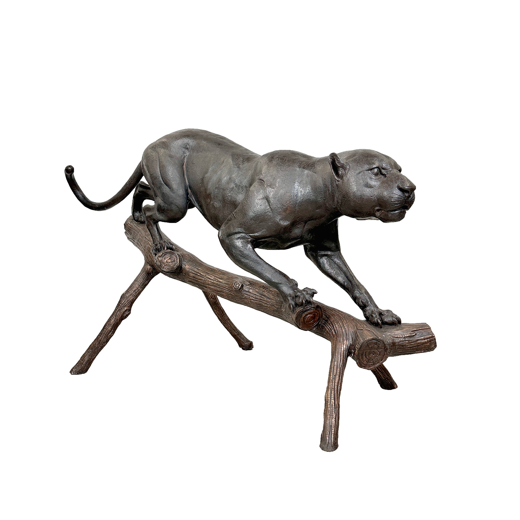 Life-Size Panther Walking Down Log Bronze Statue
