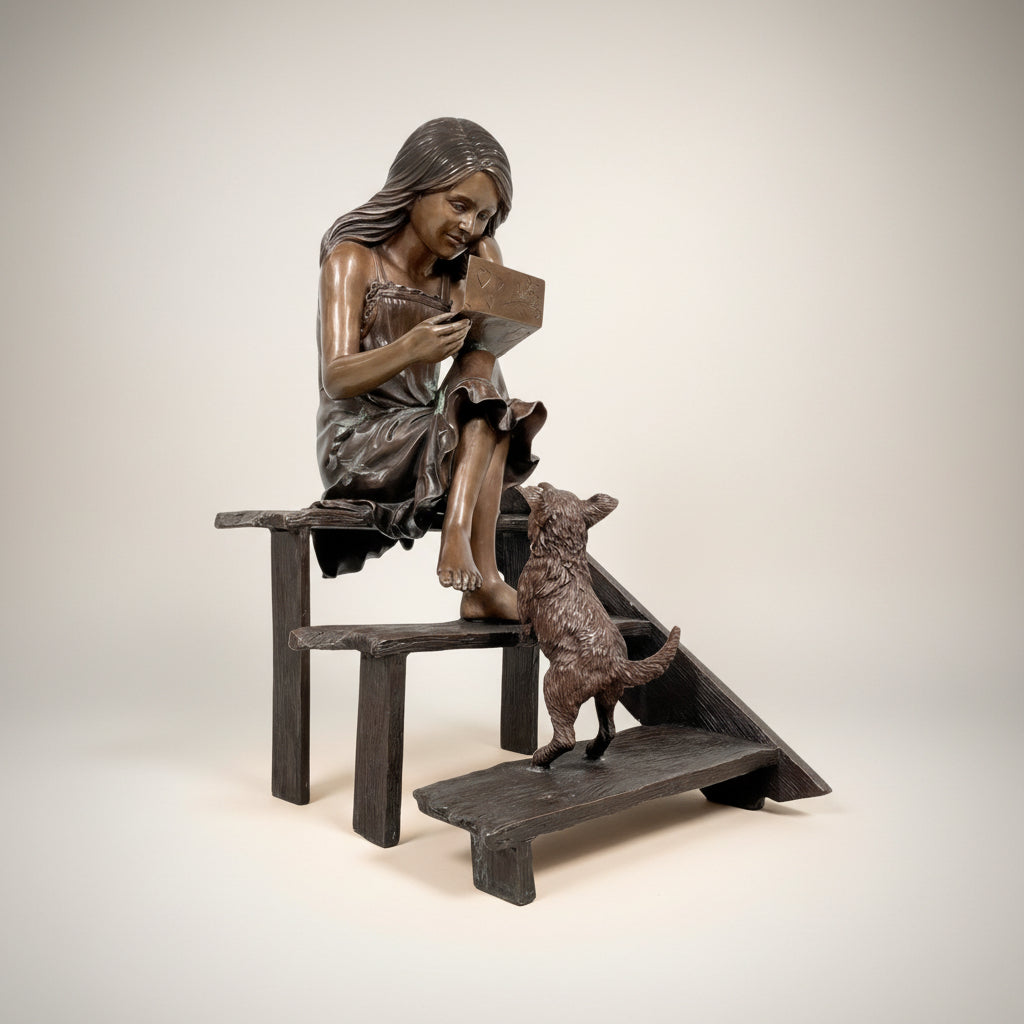 Girl reading Letter on Stairs Bronze Statue