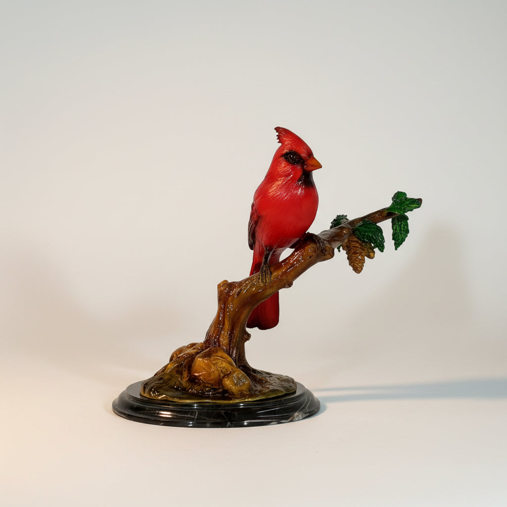 Cardinal Bird on Branch Table-top Bronze Statue