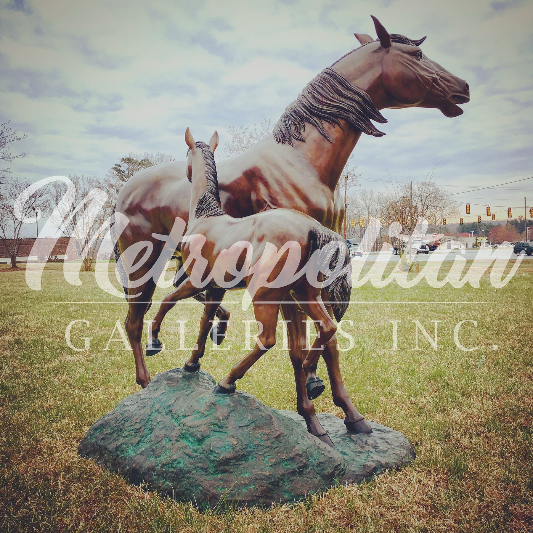 Life-size Mare & Foal Bronze Statue
